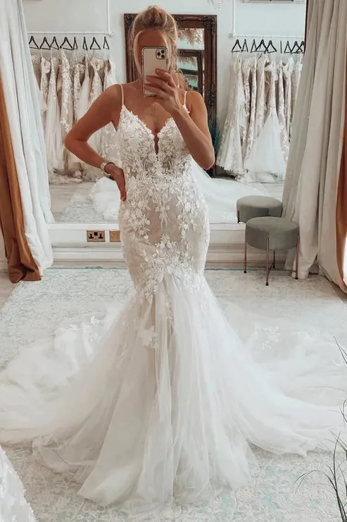 Luolandi Stunning Mermaid V Neck Tulle Lace Wedding Dresses White Beautiful