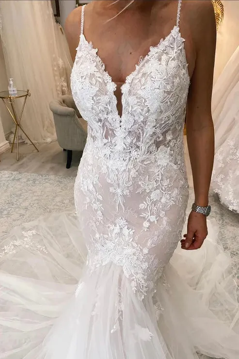 Luolandi Stunning Mermaid V Neck Tulle Lace Wedding Dresses White Beautiful
