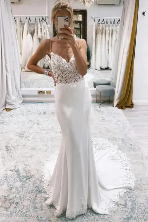Luolandi Stunning Mermaid V Neck White Satin Lace Wedding Dresses with Train Open Back