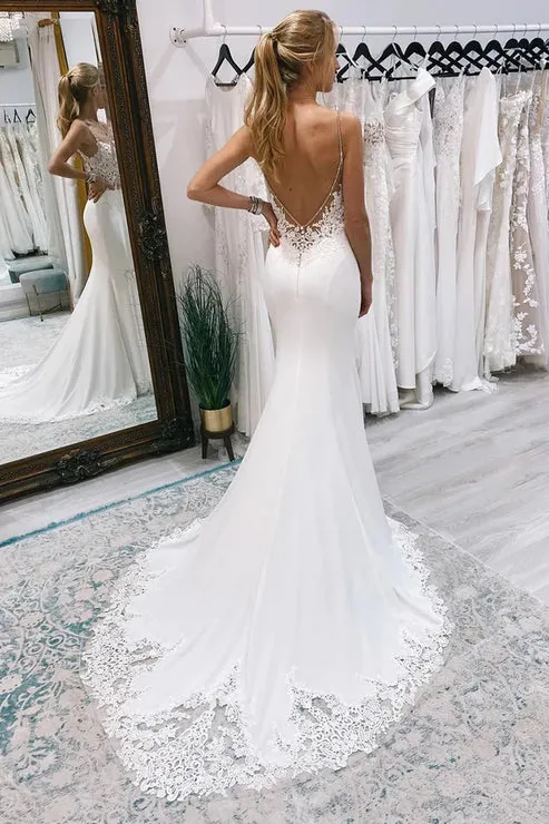 Luolandi Stunning Mermaid V Neck White Satin Lace Wedding Dresses with Train Open Back