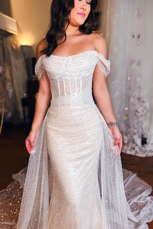 Luolandi White Mermaid Off the Shoulder Sequins Wedding Dresses Sparkly Sexy
