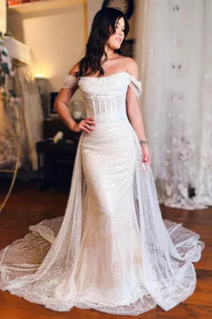 Luolandi White Mermaid Off the Shoulder Sequins Wedding Dresses Sparkly Sexy