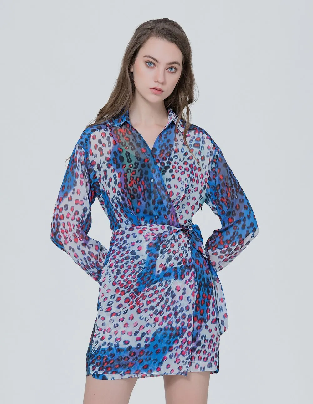 MARK FAST Women Chiffon Leopard Pattern Long Sleeve Mini Wrap Dress