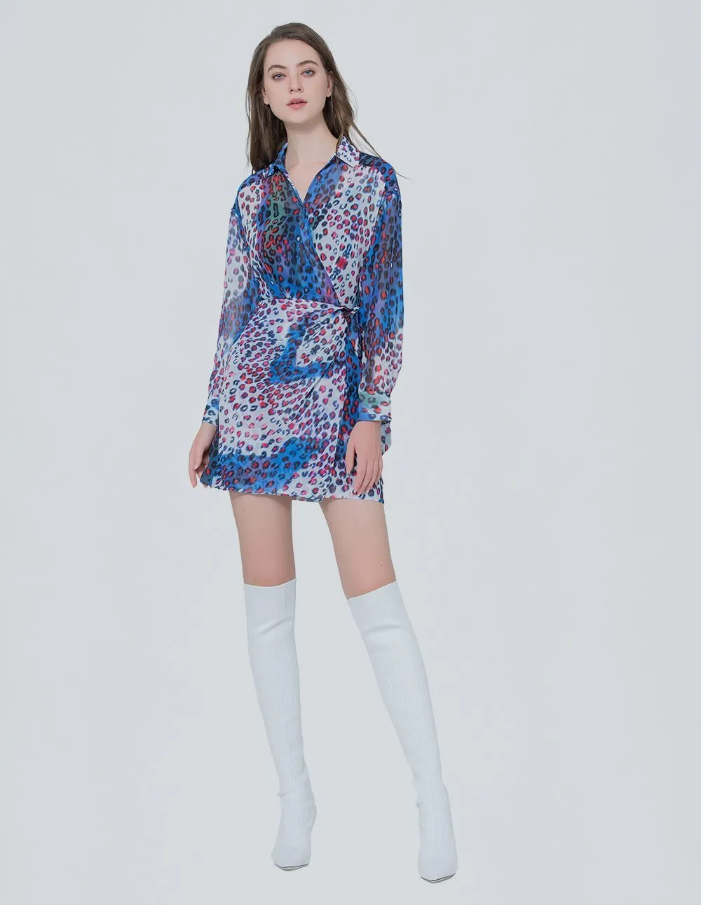 MARK FAST Women Chiffon Leopard Pattern Long Sleeve Mini Wrap Dress