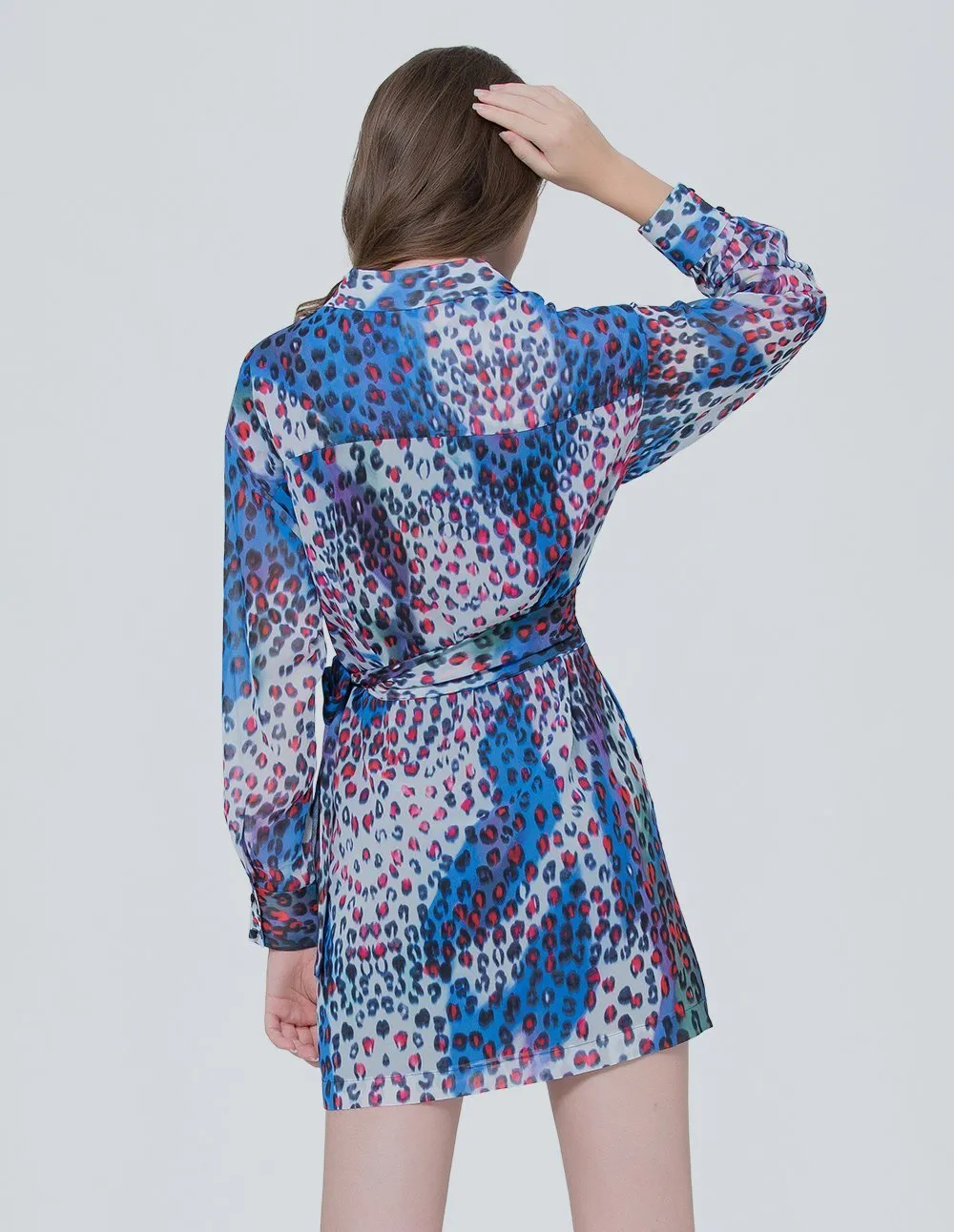 MARK FAST Women Chiffon Leopard Pattern Long Sleeve Mini Wrap Dress