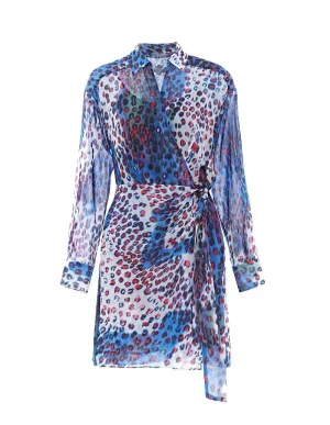 MARK FAST Women Chiffon Leopard Pattern Long Sleeve Mini Wrap Dress