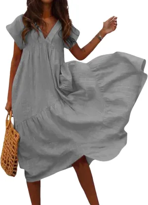 Maxi Cotton Linen Dresses for Women 2025 Summer V-Neck Short Sleeve Asymmetrical Dress Beach Elegant Long Flowy Dress