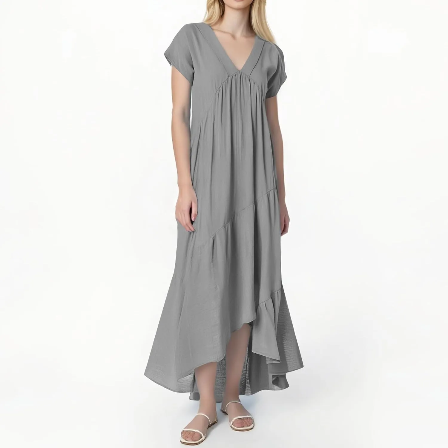 Maxi Cotton Linen Dresses for Women 2025 Summer V-Neck Short Sleeve Asymmetrical Dress Beach Elegant Long Flowy Dress