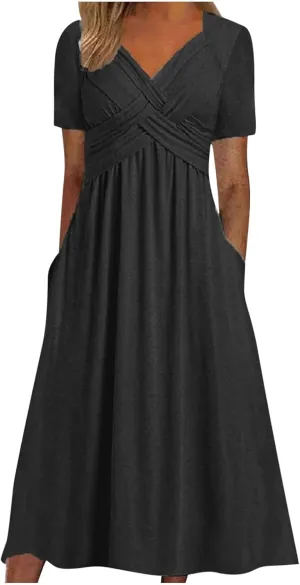 Maxi Dresses for Women 2024 Casual V-Neck Daily Dress Empire Waist Short Sleeve A Line Flowy Beach Sundress