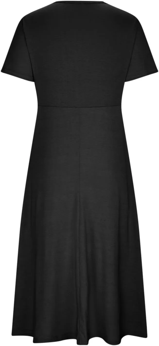 Maxi Dresses for Women 2024 Casual V-Neck Daily Dress Empire Waist Short Sleeve A Line Flowy Beach Sundress