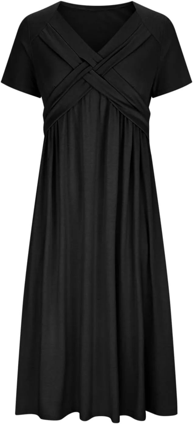 Maxi Dresses for Women 2024 Casual V-Neck Daily Dress Empire Waist Short Sleeve A Line Flowy Beach Sundress