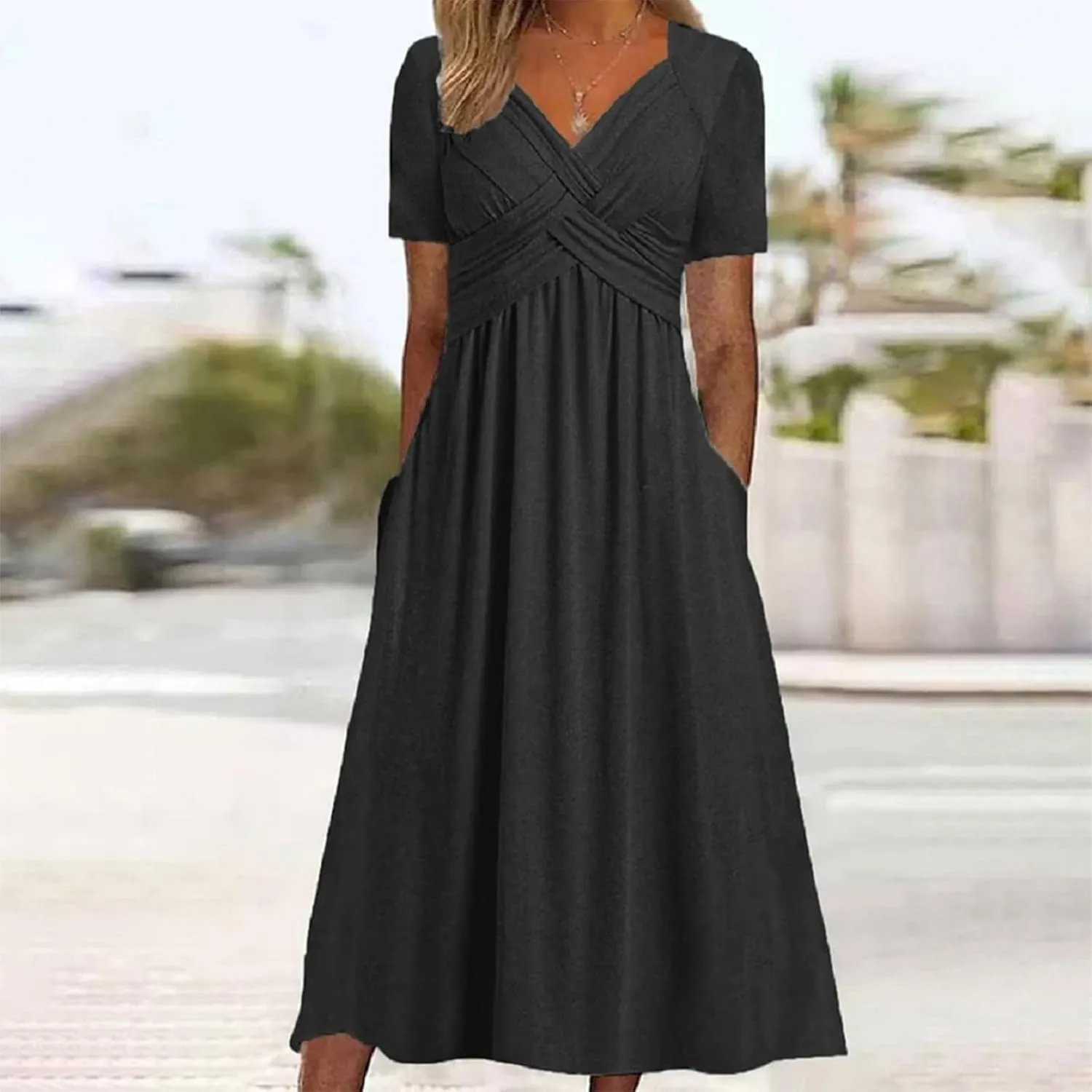 Maxi Dresses for Women 2024 Casual V-Neck Daily Dress Empire Waist Short Sleeve A Line Flowy Beach Sundress