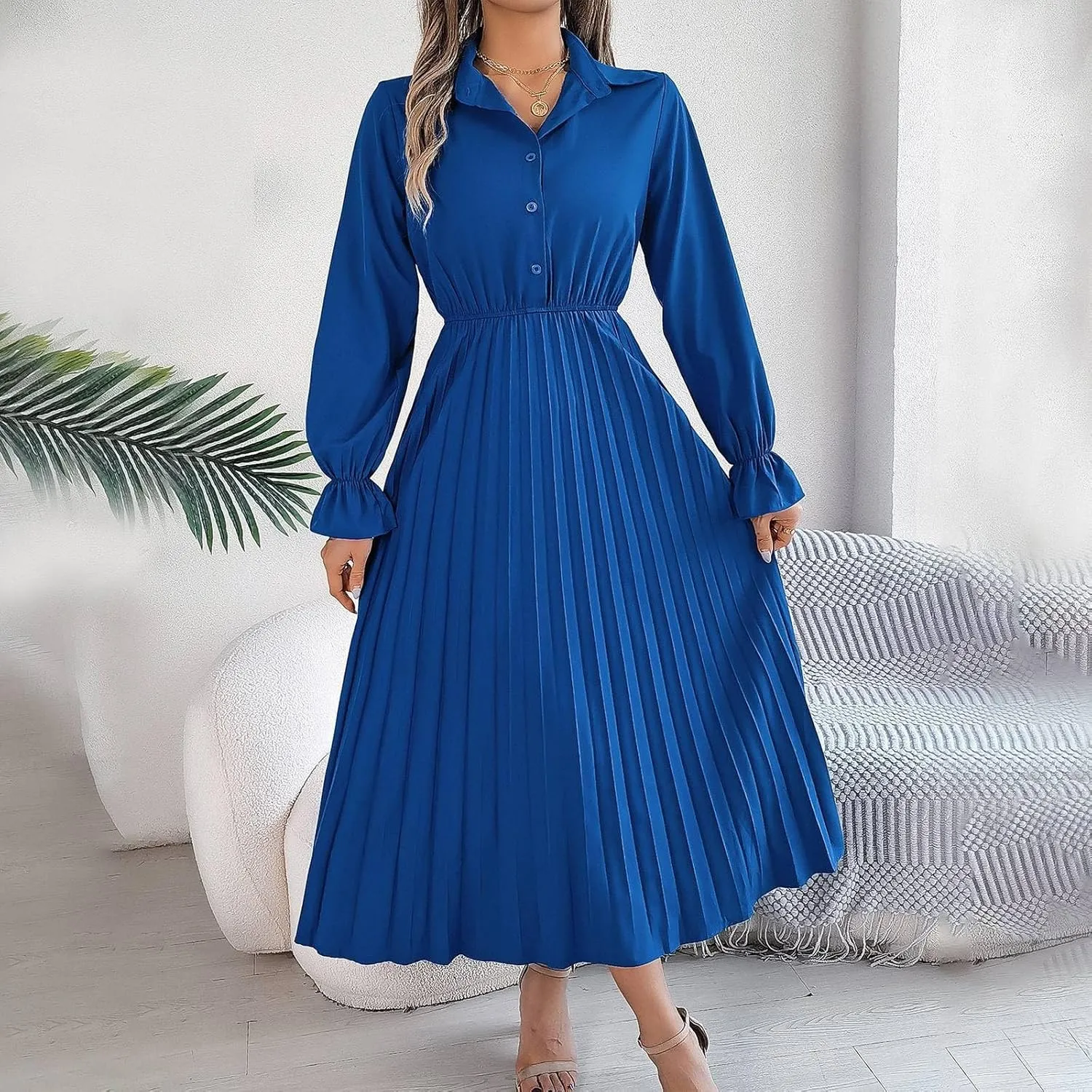 Maxi Dresses for Women 2024 Long Sleeve Pleated Dress Retro Casual Dresses Work Fitted Cute A-Line Trendy Clothing