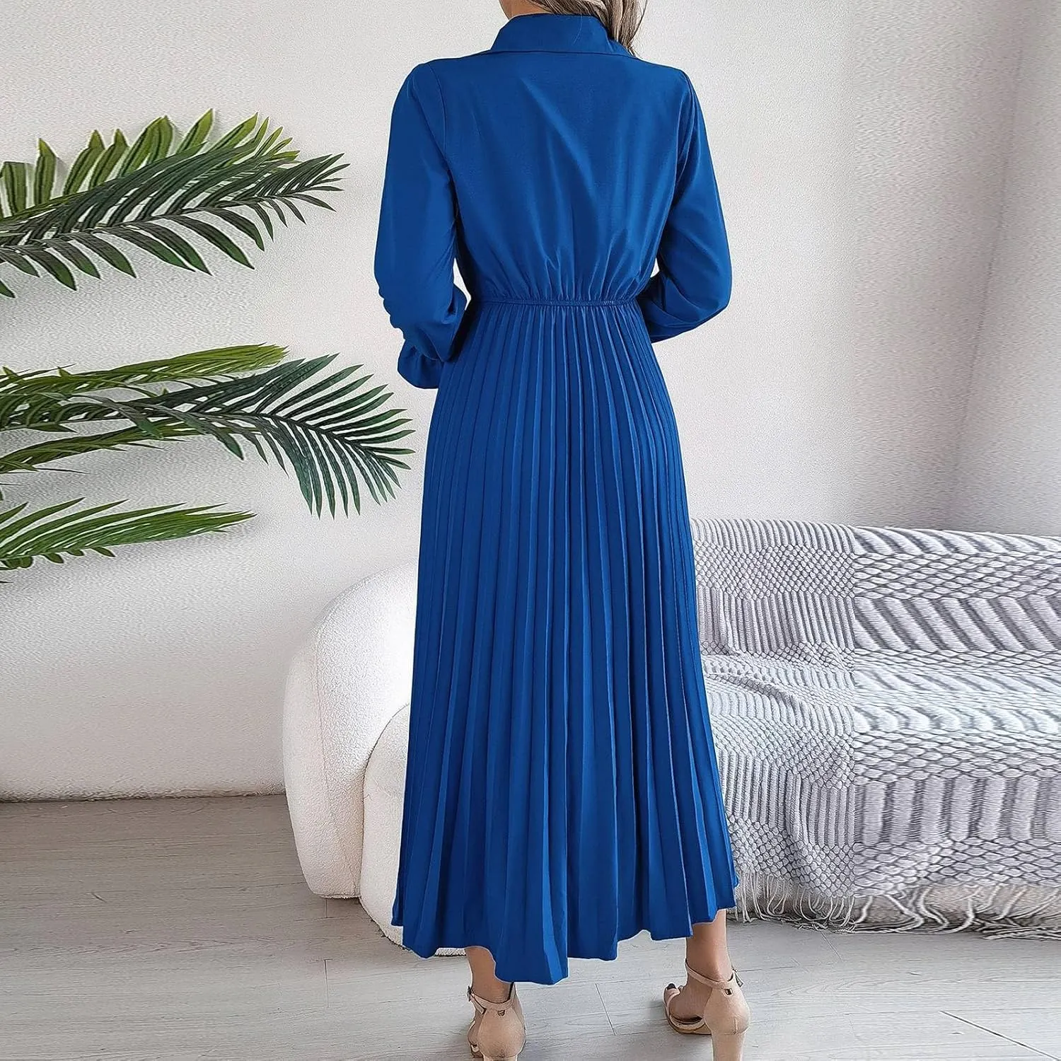 Maxi Dresses for Women 2024 Long Sleeve Pleated Dress Retro Casual Dresses Work Fitted Cute A-Line Trendy Clothing