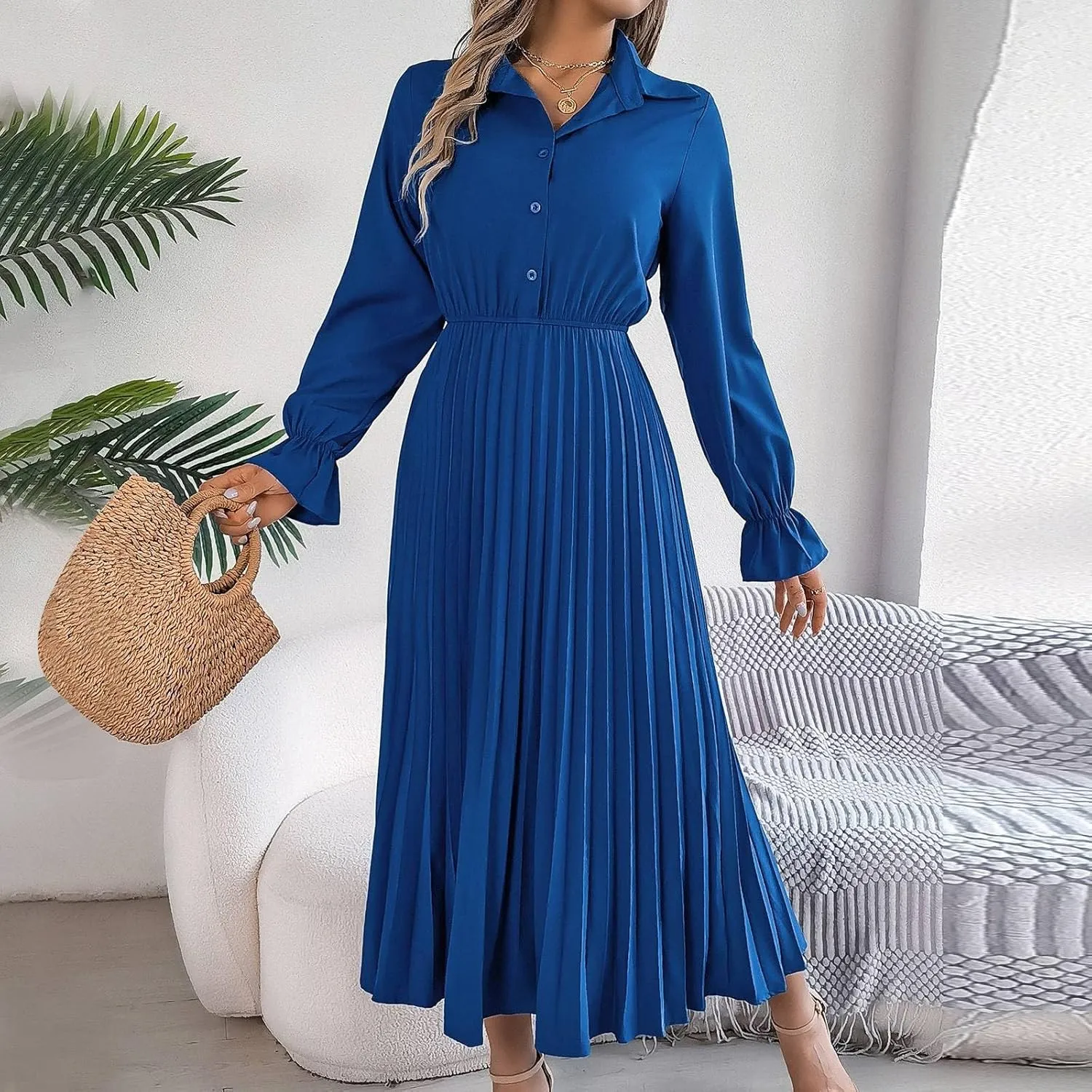 Maxi Dresses for Women 2024 Long Sleeve Pleated Dress Retro Casual Dresses Work Fitted Cute A-Line Trendy Clothing