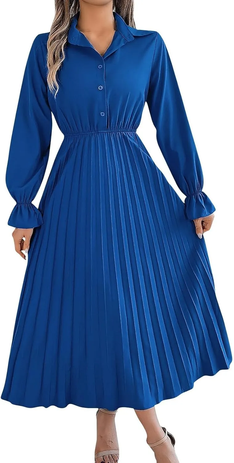 Maxi Dresses for Women 2024 Long Sleeve Pleated Dress Retro Casual Dresses Work Fitted Cute A-Line Trendy Clothing