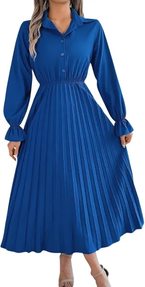 Maxi Dresses for Women 2024 Long Sleeve Pleated Dress Retro Casual Dresses Work Fitted Cute A-Line Trendy Clothing