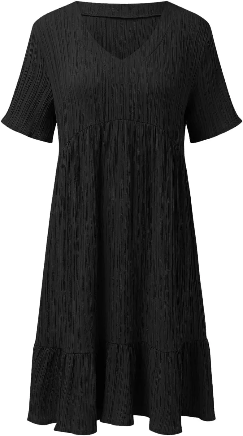 Maxi Dresses for Women 2025 Pleated Tiered A Line Flowy Midi Dress Plus Size Summer Short Sleeve V Neck Casual Dress