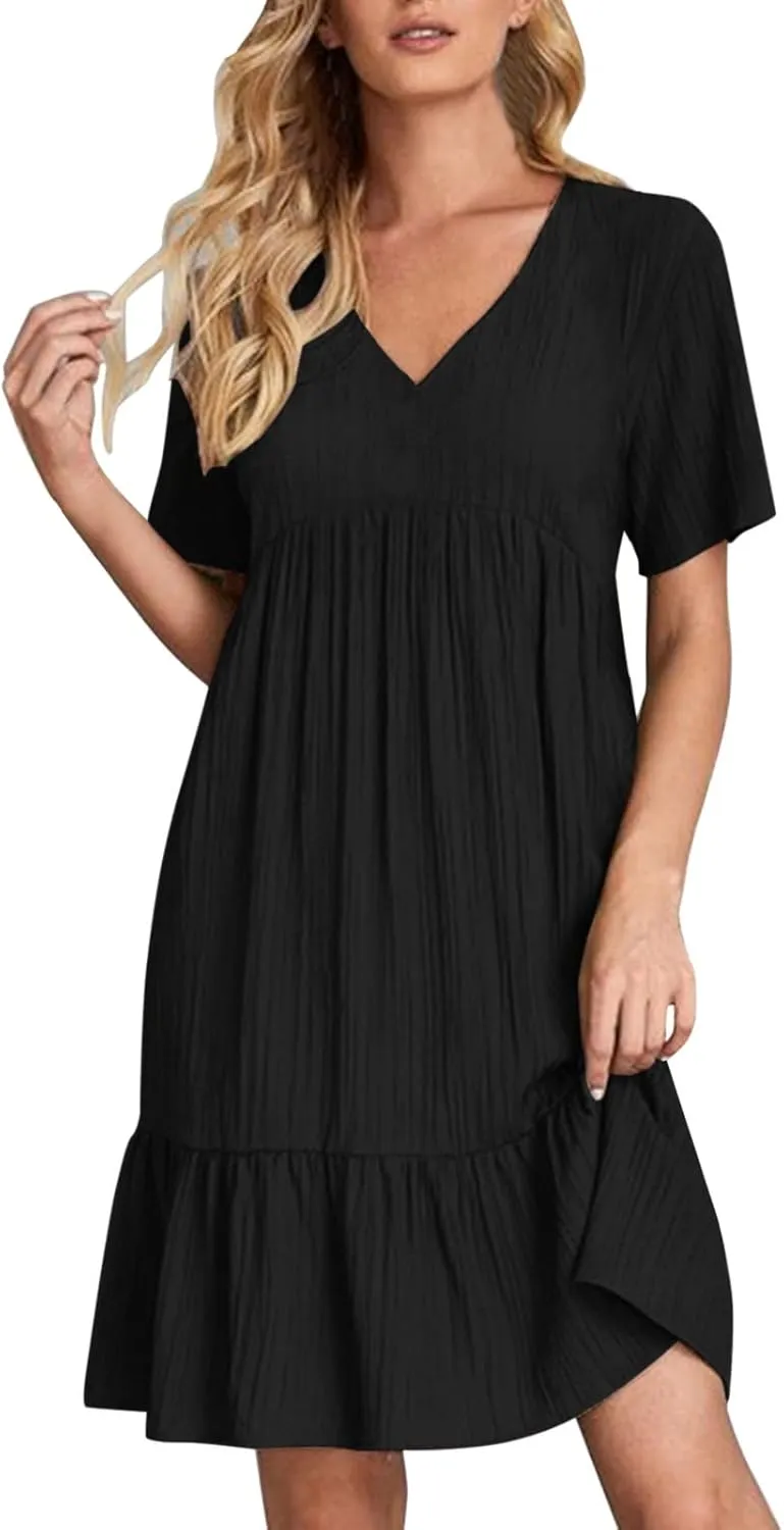 Maxi Dresses for Women 2025 Pleated Tiered A Line Flowy Midi Dress Plus Size Summer Short Sleeve V Neck Casual Dress