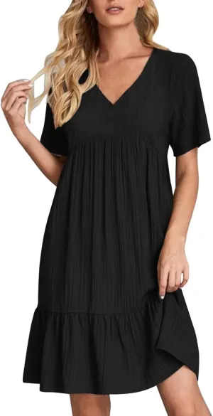 Maxi Dresses for Women 2025 Pleated Tiered A Line Flowy Midi Dress Plus Size Summer Short Sleeve V Neck Casual Dress