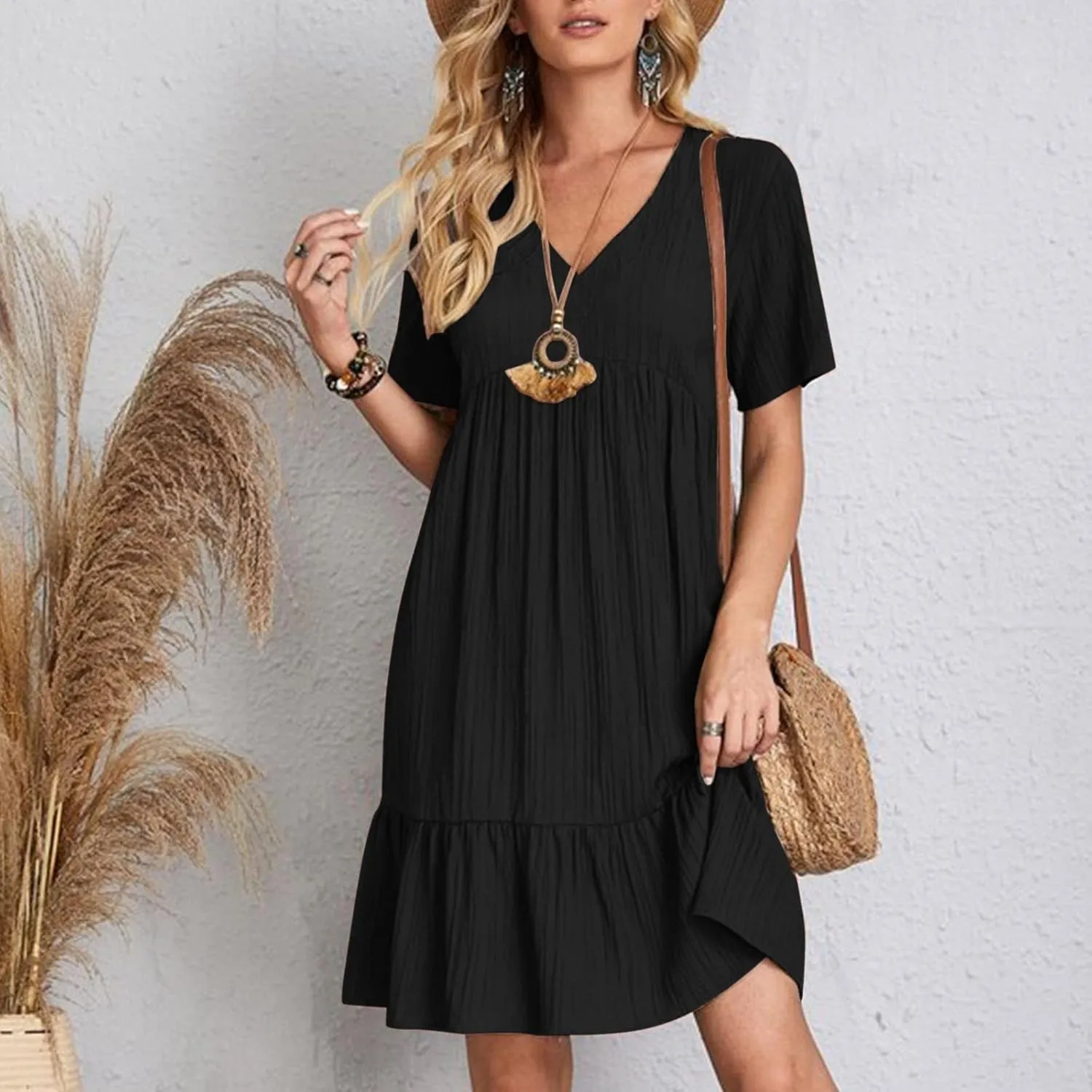Maxi Dresses for Women 2025 Pleated Tiered A Line Flowy Midi Dress Plus Size Summer Short Sleeve V Neck Casual Dress