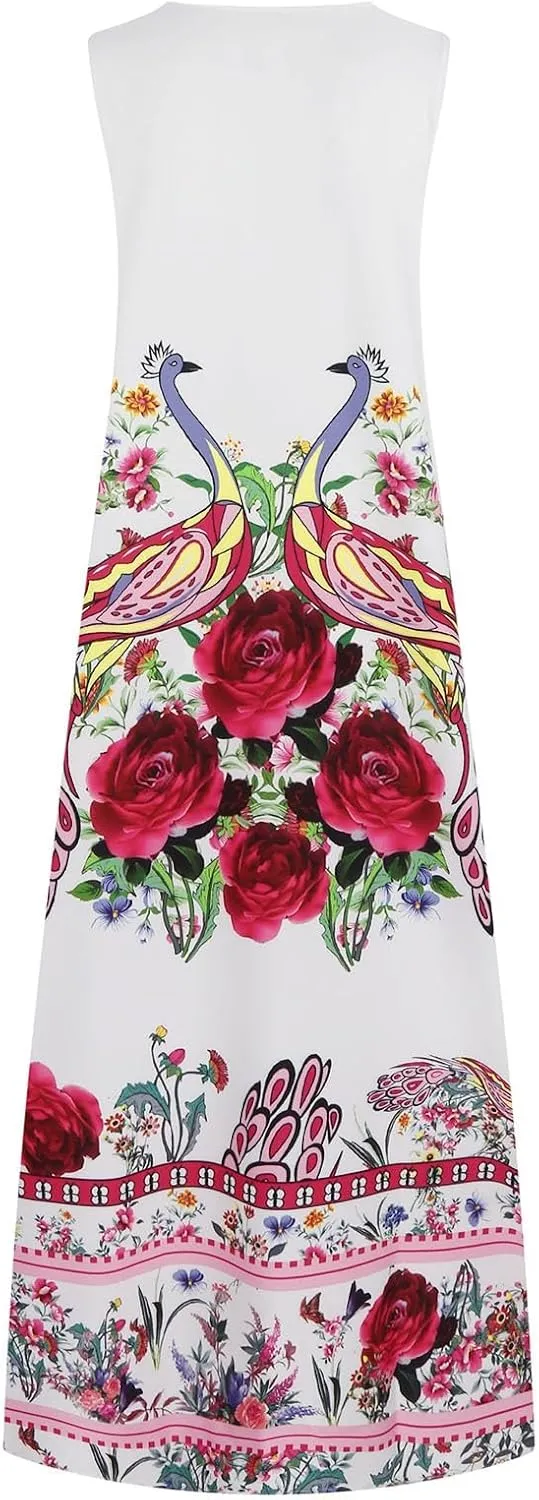 Maxi Dresses for Women 2025 Plus Size,Flowers Sleeveless Summer Floral Long Dress Casual Boho Vacation Beach Dress