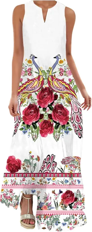 Maxi Dresses for Women 2025 Plus Size,Flowers Sleeveless Summer Floral Long Dress Casual Boho Vacation Beach Dress