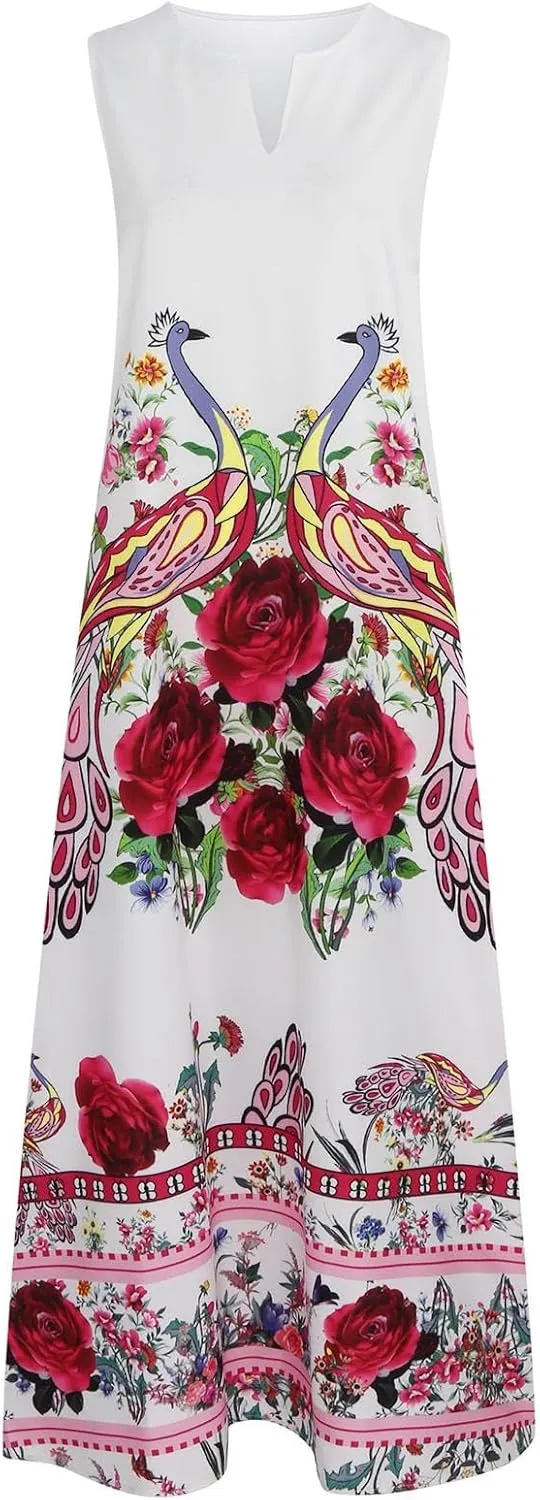 Maxi Dresses for Women 2025 Plus Size,Flowers Sleeveless Summer Floral Long Dress Casual Boho Vacation Beach Dress