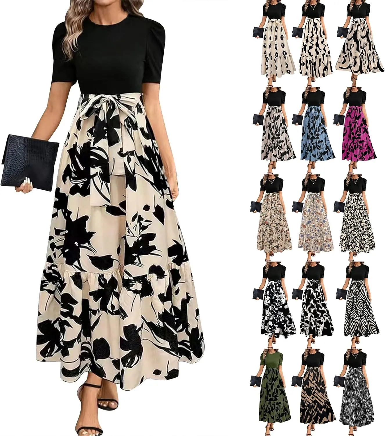 Maxi Dresses for Women 2025 Puff Sleeve Empire Waist Belted Patchwork Floral Dress A Line Long Flowy Work Dresses