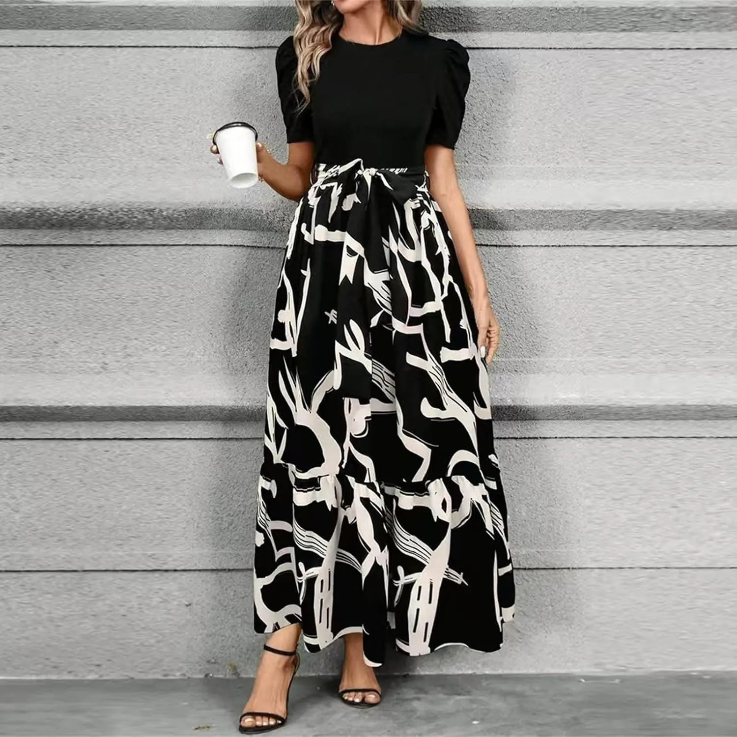Maxi Dresses for Women 2025 Puff Sleeve Empire Waist Belted Patchwork Floral Dress A Line Long Flowy Work Dresses