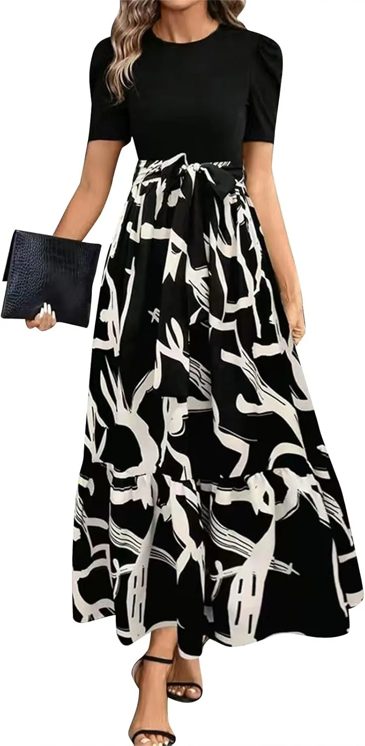 Maxi Dresses for Women 2025 Puff Sleeve Empire Waist Belted Patchwork Floral Dress A Line Long Flowy Work Dresses