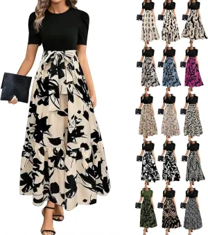 Maxi Dresses for Women 2025 Puff Sleeve Empire Waist Belted Patchwork Floral Dress A Line Long Flowy Work Dresses