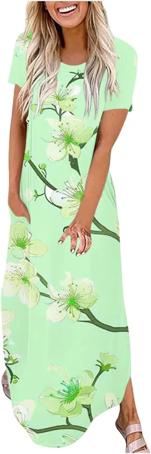 Maxi Dresses for Women 2025 Short Sleeve Casual Boho Floral T-Shirt Dress Flowy Beach Sundress with Pockets