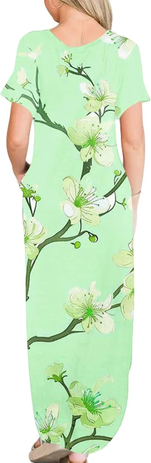 Maxi Dresses for Women 2025 Short Sleeve Casual Boho Floral T-Shirt Dress Flowy Beach Sundress with Pockets