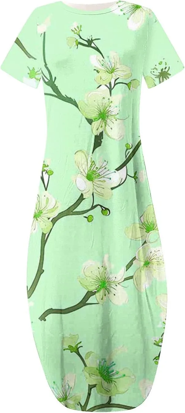 Maxi Dresses for Women 2025 Short Sleeve Casual Boho Floral T-Shirt Dress Flowy Beach Sundress with Pockets