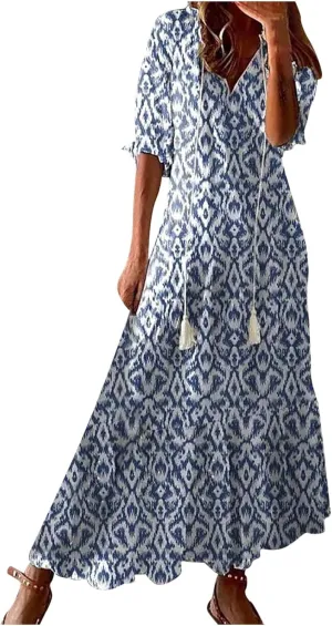 Maxi Dresses for Women 2025 V Neck Vintage Floral Dress Drawstring V Neck Spring Summer Dresses Beach Sundress
