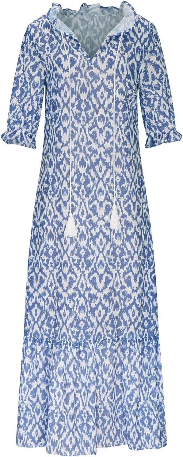 Maxi Dresses for Women 2025 V Neck Vintage Floral Dress Drawstring V Neck Spring Summer Dresses Beach Sundress