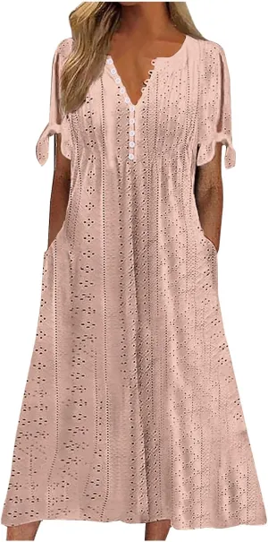 Maxi Dresses for Womens Wedding Guest Dress Trendy Plus Size Hollow Out Eyelet Lace Summer V Neck Cold Shoulder Dress