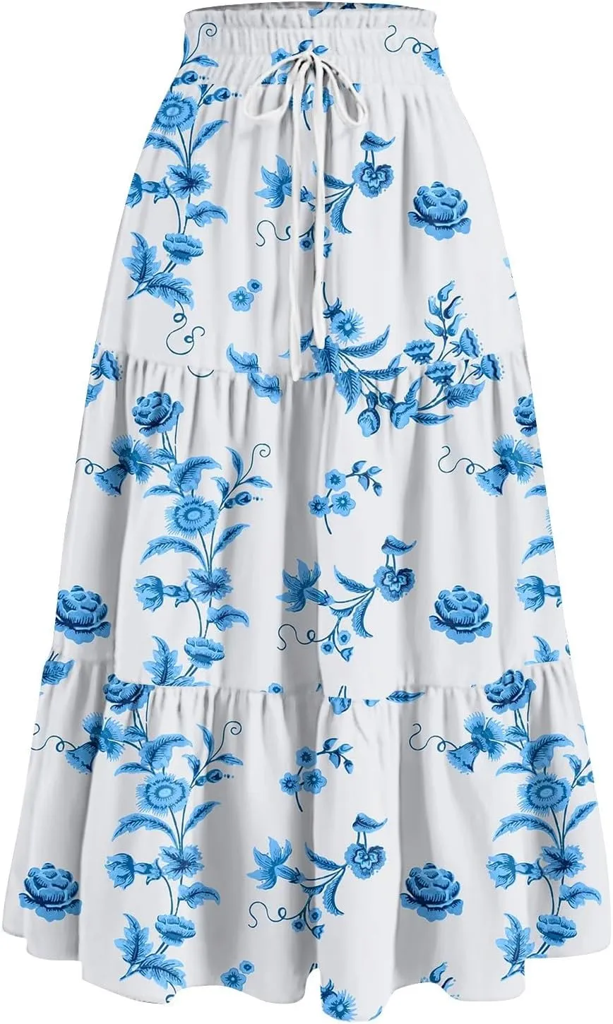 Maxi Long Skirts for Women Summer Floral Tiered A Line Pleated Swing Skirts Boho Flowy Renaissance Vacation Skirt