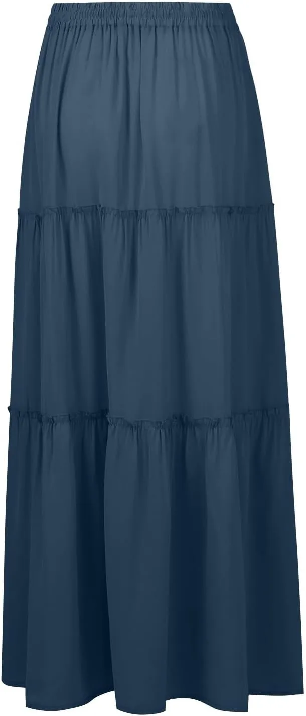 Maxi Pleated Skirts for Women Floral Print Boho Tiered Skirt Elastic High Waist A Line Flowy Long Skirts with Pocket