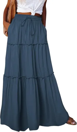 Maxi Pleated Skirts for Women Floral Print Boho Tiered Skirt Elastic High Waist A Line Flowy Long Skirts with Pocket