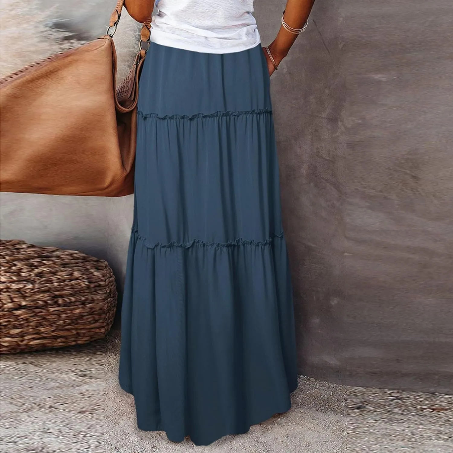 Maxi Pleated Skirts for Women Floral Print Boho Tiered Skirt Elastic High Waist A Line Flowy Long Skirts with Pocket