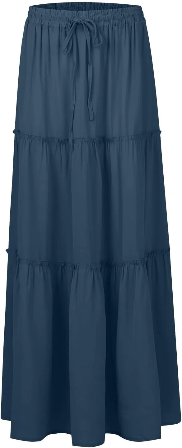 Maxi Pleated Skirts for Women Floral Print Boho Tiered Skirt Elastic High Waist A Line Flowy Long Skirts with Pocket