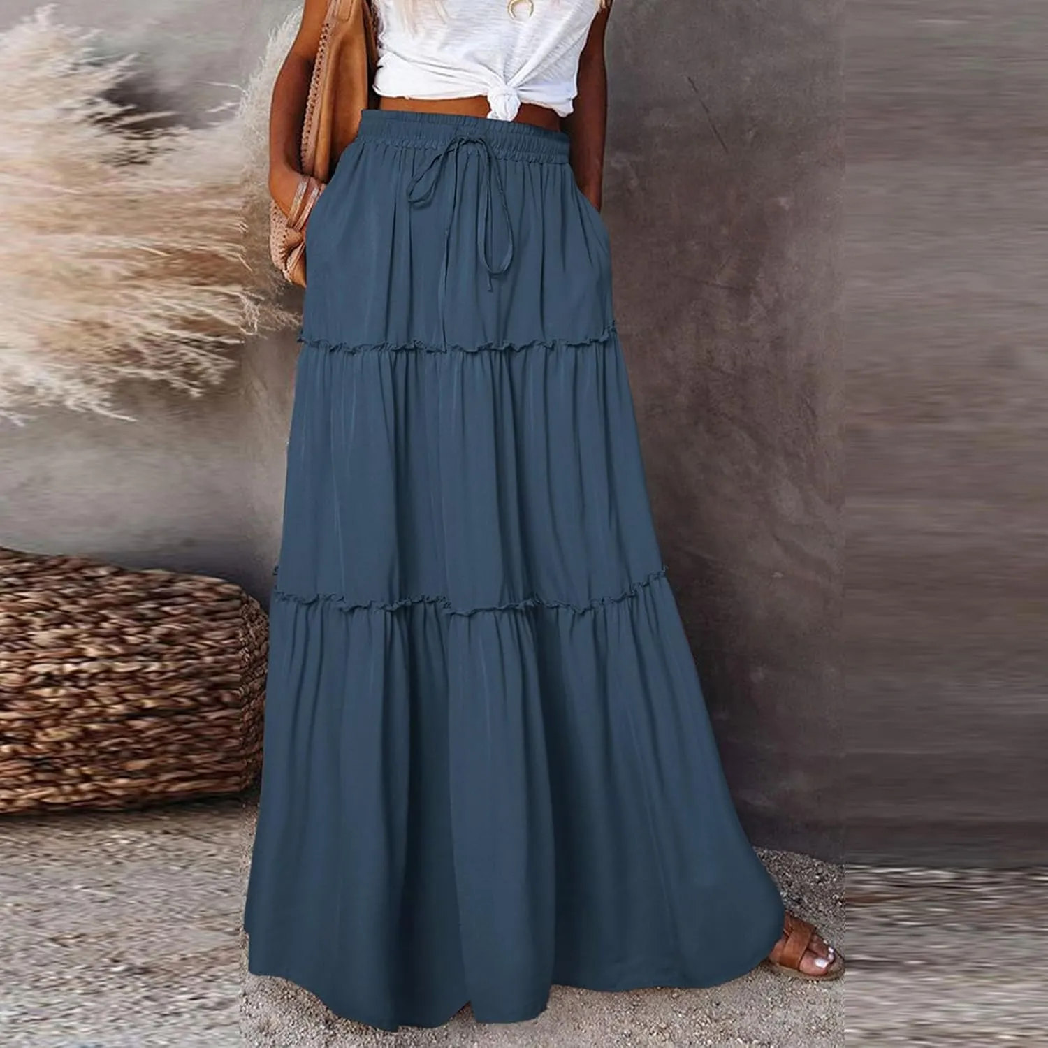 Maxi Pleated Skirts for Women Floral Print Boho Tiered Skirt Elastic High Waist A Line Flowy Long Skirts with Pocket