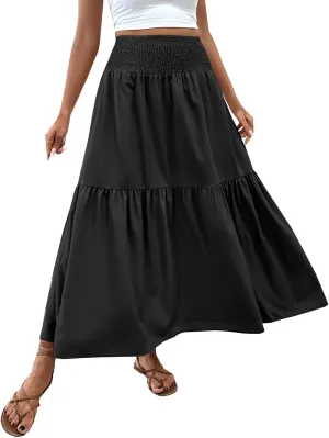 Maxi Skirt for Women Summer Casual Elastic High Waist Pleated A Line Flowy Swing Tiered Beach Vacation Skirts