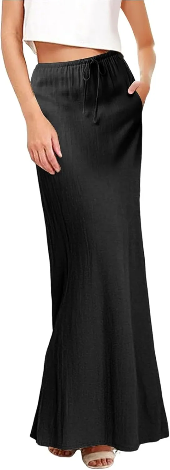 Maxi Skirts for Women Linen Summer A-Line Comfy Drawstring Cute Flowy Boho Casual Outfits Vacation Beach Swim Cover Ups