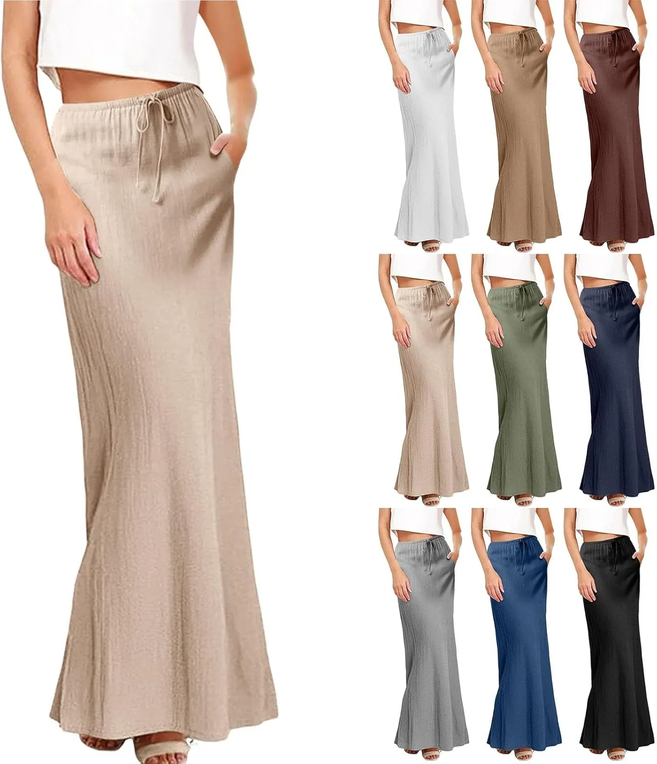 Maxi Skirts for Women Linen Summer A-Line Comfy Drawstring Cute Flowy Boho Casual Outfits Vacation Beach Swim Cover Ups