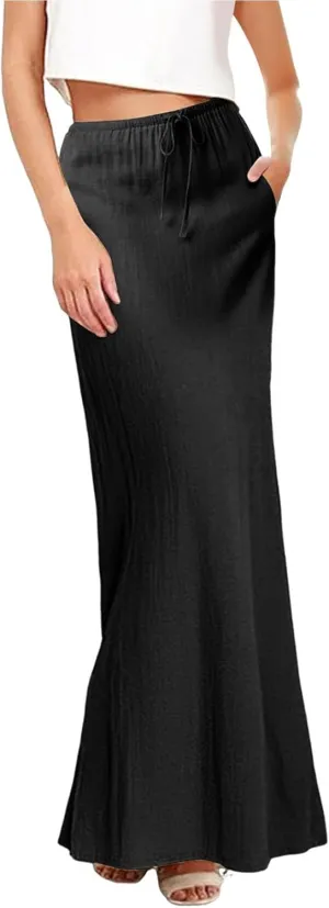 Maxi Skirts for Women Linen Summer A-Line Comfy Drawstring Cute Flowy Boho Casual Outfits Vacation Beach Swim Cover Ups