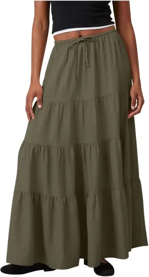 Maxi Skirts for Women Solid Color Ruffle Tiered Pleated Elastic High Waisted Skirt Summer Casual Flowy A Line Skirts