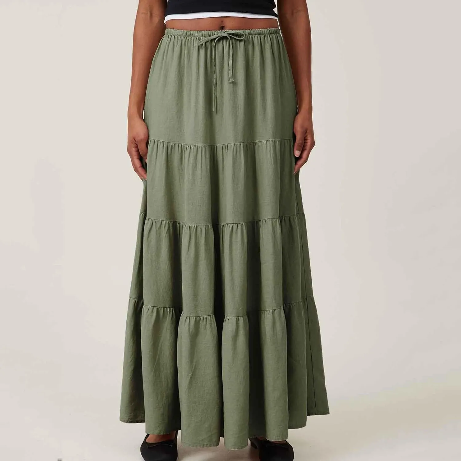 Maxi Skirts for Women Solid Color Ruffle Tiered Pleated Elastic High Waisted Skirt Summer Casual Flowy A Line Skirts